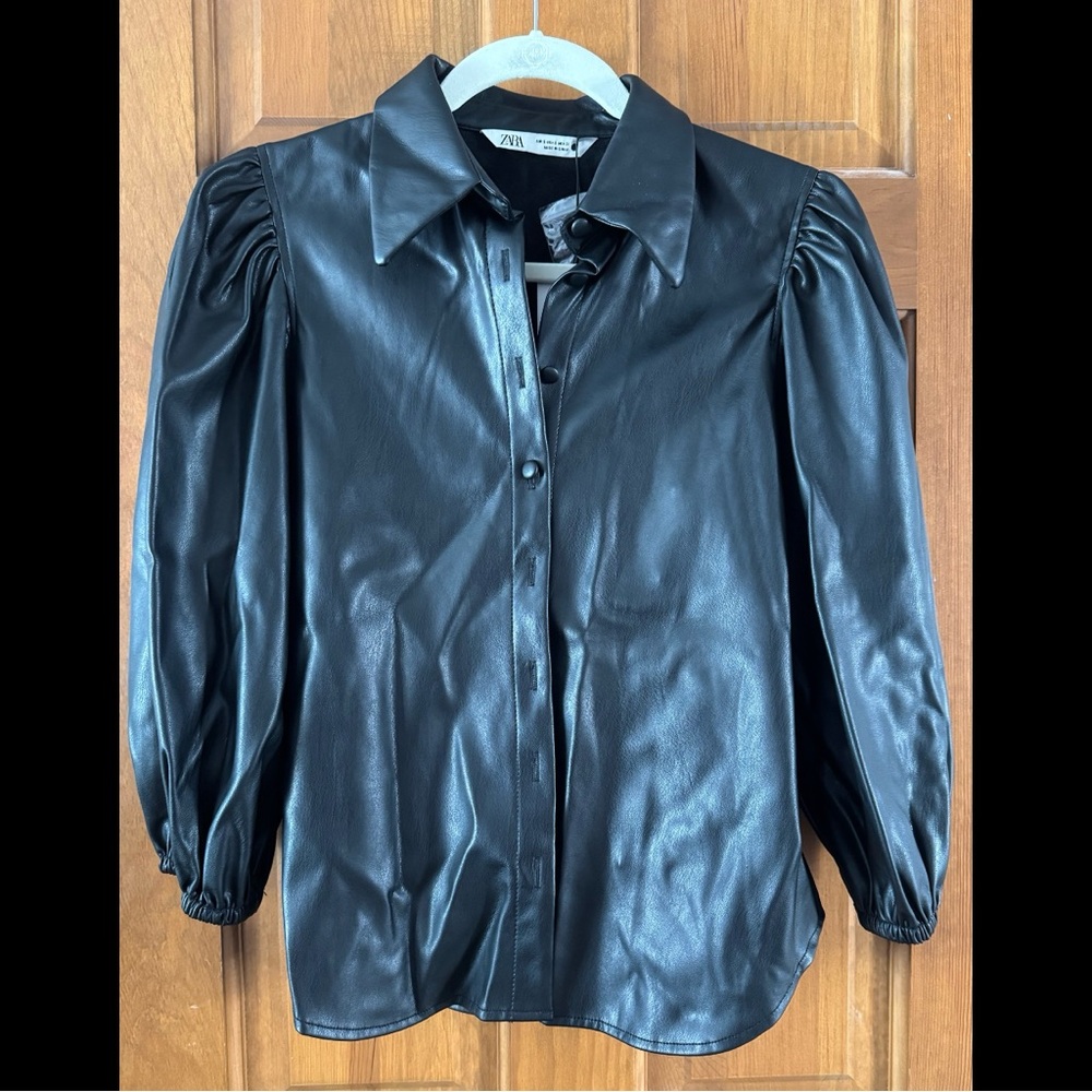 Zara Black Faux Leather Button Down Shirt